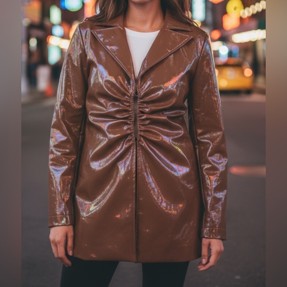 Fashion Nova Faux Patent Leather Blazer Jacket Brown Womens Medium